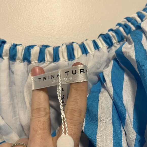 Trina Turk NWT‎ Salima 2 Midi Off-The-Shoulder Dress in Blue Stripe Size Large - Picture 7 of 12